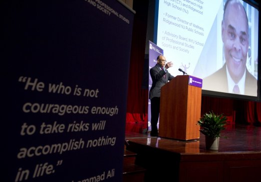 Garland Allen, former coach and director of athletics for Greenwich High School (CT) and Ridgewood High School (NJ), and Advisory Board Member of the NYU School of Professional Studies Sports and Society, gave the opening and closing remarks. ©NYU Photo Bureau: Elena Olivo 