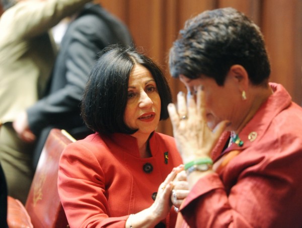 Connecticut Sen. Toni Boucher, left, comforts Sen. Andrea Stillman after the results of the Connecticut General Assembly gun legislation vote at the Connecticut State Capitol in Hartford, Conn. on Wednesday, April 3, 2013.  Stillman voted for gun reform, and the vote passed the Senate with a 26-10 margin.