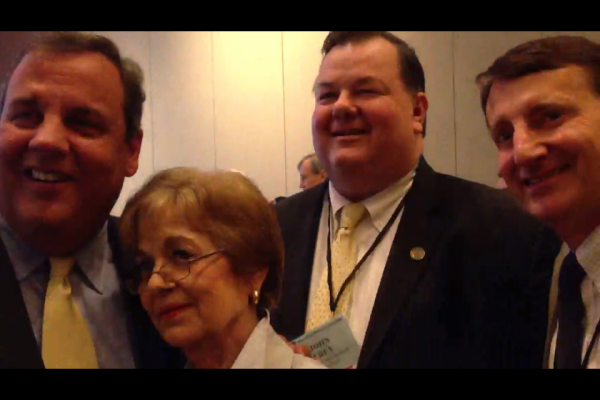 New Jersey Gov. Chris Christie, left, huddles with state GOP Chairman Jerry Labriola Jr., far right, and the two Republican National Committee representatives for Connecticut, Pat Longo, second from left, and state Rep. John Frey, during the RNC summer meeting in Boston Thursday. Contributed photo. 