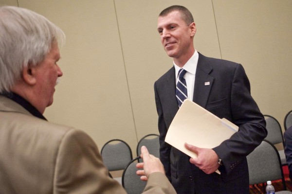 Republican candidate, Chris Meek, right, talks with Woodbury resident Chris Ford. Steve Obstinik won the  Fourth Congressional District nomination at the Connecticut Convention Center, Friday, May 18, 2012.