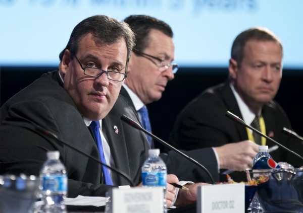 From left; New Jersey Gov. Chris Christie, Connecticut Gov. Dan Malloy and Maryland Gov. Martin O'Malley, attend the closing session of the National Governors Association 2013 Winter Meeting in Washington, Monday, Feb. 25, 2013. (AP Photo/Manuel Balce Ceneta)