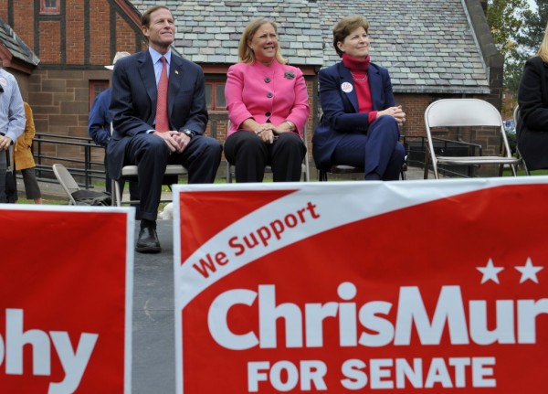 In this Tuesday, Oct. 23, 2012 photo, U.S. Sen. Richard Blumenthal, D-Conn., left sits with Sens. Mary Landrieu, D-La., center, and Jeanne Shaheen, D-N.H during a campaign event for Democratic Senate candidate Chris Murphy in Hartford. (AP Photo/Jessica Hill)