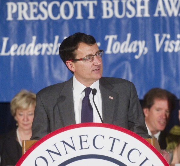 State GOP Chairman Jerry Labriola Jr. introduces Ann Romney during the Prescott Bush Award dinner at the Stamford Marriott Hotel & Spa in Stamford, Conn., April 23, 2012. 