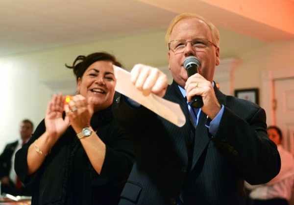 Danbury Mayor Mark Boughton speaks, with his wife Phyllis A. Boughton, after winning re-election during the Danbury Republicans Election Day Ceremony at the Amerigo Vespucci Lodge in Danbury on Tuesday, Nov. 5, 2013.