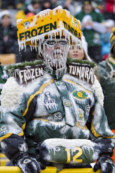 Even hardy Packers fans accustomed to frigid weather are finding Sunday's game a tough sell with the high temperature that day forecast to be minus-3. There were 3,000 tickets remaining Thursday. The wild-card games in Cincinnati and Indianapolis also were in danger of not selling out in time to avoid local television blackouts.  (Photo by Wesley Hitt/Getty Images)