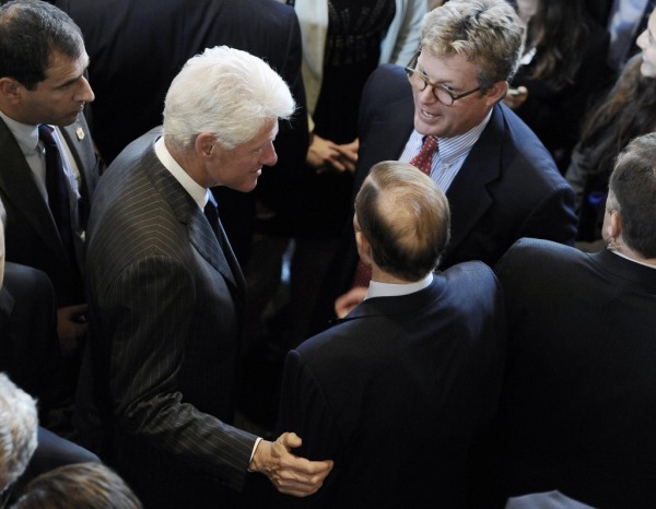 Former President Bill Clinton left, speaks with U.S. Senator Richard Blumenthal, D-Conn., center, and Ted Kennedy Jr., right, after a Yale Law School ceremony honoring his wife, Hillary Rodham Clinton at Yale University, Saturday, Oct. 5, 2013, in New Haven, Conn.  Clinton received the Yale Law School Association Award of Merit, which is presented annually to those who have made a substantial contribution to public service or the legal profession. (AP Photo/Jessica Hill)