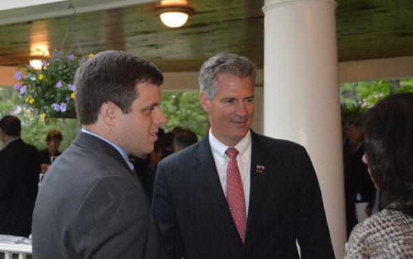 Former U.S. Sen. Scott Brown, R-Mass., right, with 4th District congressional hopeful Dan Debicella during a May 28, 2014, fundraiser for the GOP challenger in Riverside, Conn. Contributed photo.