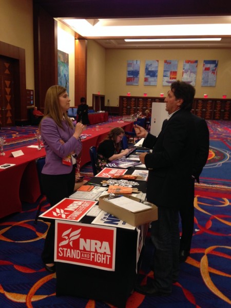 Gubernatorial candidate Joe Visconti, a Second Amendment activist with tea party ties from West Hartford, speaks with a representative of the National Rifle Association in the lobby of the state Republican convention at Mohegan Sun Friday, May 16, 2014. By Neil Vigdor 