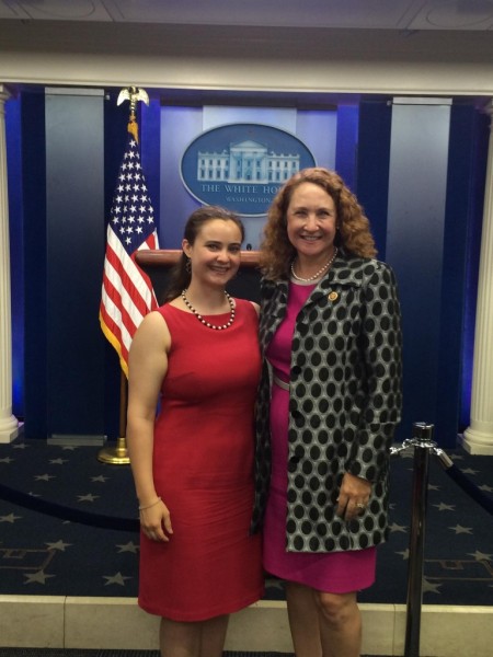U.S. Rep. Elizabeth Esty, D-Conn., right, seen with her daughter, Sarah Esty, in the White House briefing room. 