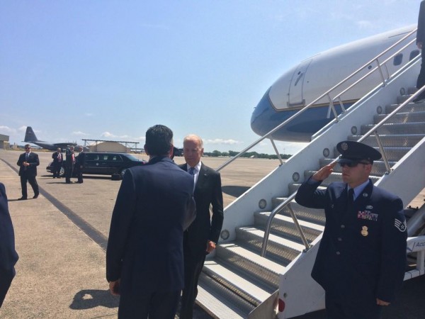 Gov. Dannel P. Malloy greets Vice President Joe Biden as he disembarks from Air Force Two at Bradley International Airport on Wednesday, Aug. 20, 2014. Contributed photo. 