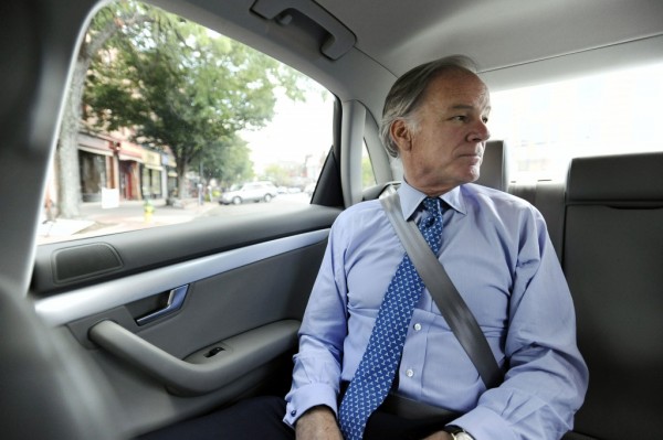 Republican candidate for Connecticut governor Tom Foley rides during a campaign stop, Thursday, Sept. 18, 2014, in Middletown, Conn. (AP Photo/Jessica Hill)