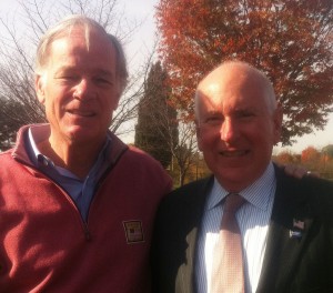 Tom Foley with Jim Marpe greeting voters outside the polls at Saugatuck School. Photo: Anne Amato