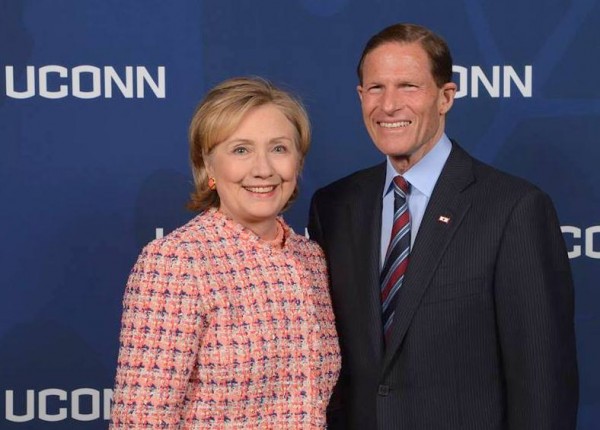 Hillary Clinton seen with Yale Law School classmate and U.S. Sen. Richard Blumenthal, D-Conn., during an April 2014 visit to the University of Connecticut for a speech. Contributed photo. 
