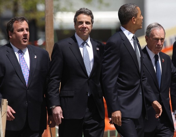 New Jersey Gov. Chris Christie and New York Gov. Andrew Cuomo, Connecticut Gov. Dan Malloy's regional and political rivals, join U.S. President Barack Obama and New York City Mayor Michael Bloomberg attend a wreath laying ceremony on May 5, 2011 in New York City at Ground Zero, after Osama bin Laden was killed. (Photo by Mario Tama/Getty Images) 