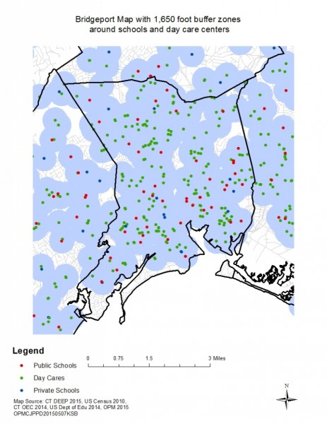 This map of Bridgeport, Connecticut's most populous city, shows the clustering of school zones where penalties for drug possession and sales are stiffer. Source: State of Connecticut 