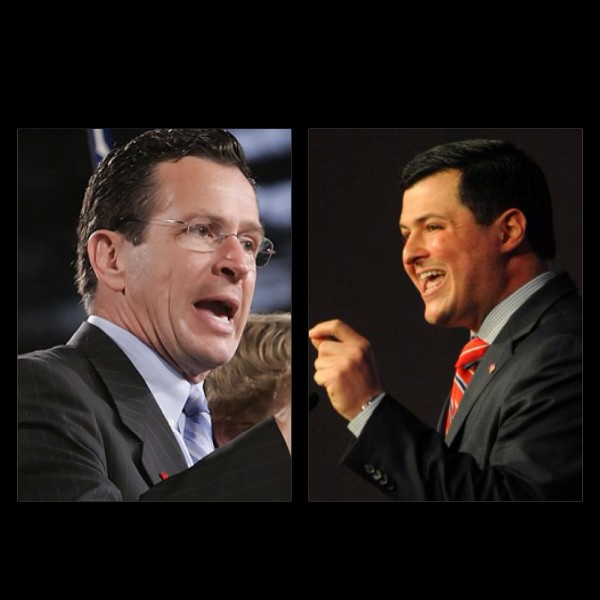 Democratic Gov. Dannel P. Malloy, left, and Trumbull GOP First Selectman Tim Herbst, right.  