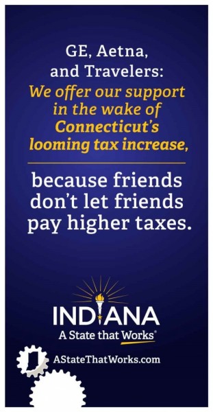 A full-page ad taken out by the state of Indiana in the Wall Street Journal Wednesday, June 10, 2015, is part of an effort by the Hoosier State Gov. Mike Pence to pry businesses away from the home state of Connecticut rival Dannel P. Malloy. Source: Indiana Economic Development Corporation