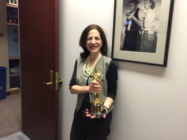 State Rep. Gail Lavielle, R-Wilton, holds the Oscar statuette of the late actor and Connecticut resident Art Carney. Her Republican colleague Devin Carney is the grandson of the 1974 Best Actor for the movie "Harry and Tonto." Contributed photo. 