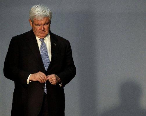 3208 x 2553~~$~~Republican presidential candidate, former House Speaker Newt Gingrich, pauses backstage as he is introduced before speaking at Delmarva Christian High School in Georgetown, Del., Wednesday, April 18, 2012. (AP Photo/Patrick Semansky)